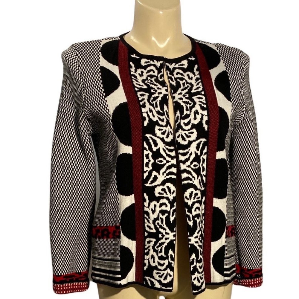 Chico's 2 Cardigan Sweater Gray Red Black Geometric‎ Pattern Long Sl Work